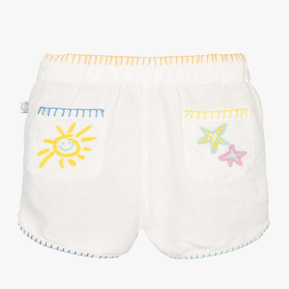 Stella McCartney Kids-شورت أطفال بناتي قطن وكتان مطرز لون عاجي | Childrensalon Outlet