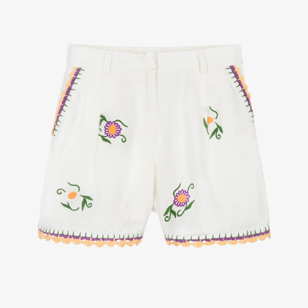 Stella McCartney Kids-Шорты кремовые с узором для девочек из льна | Childrensalon Outlet