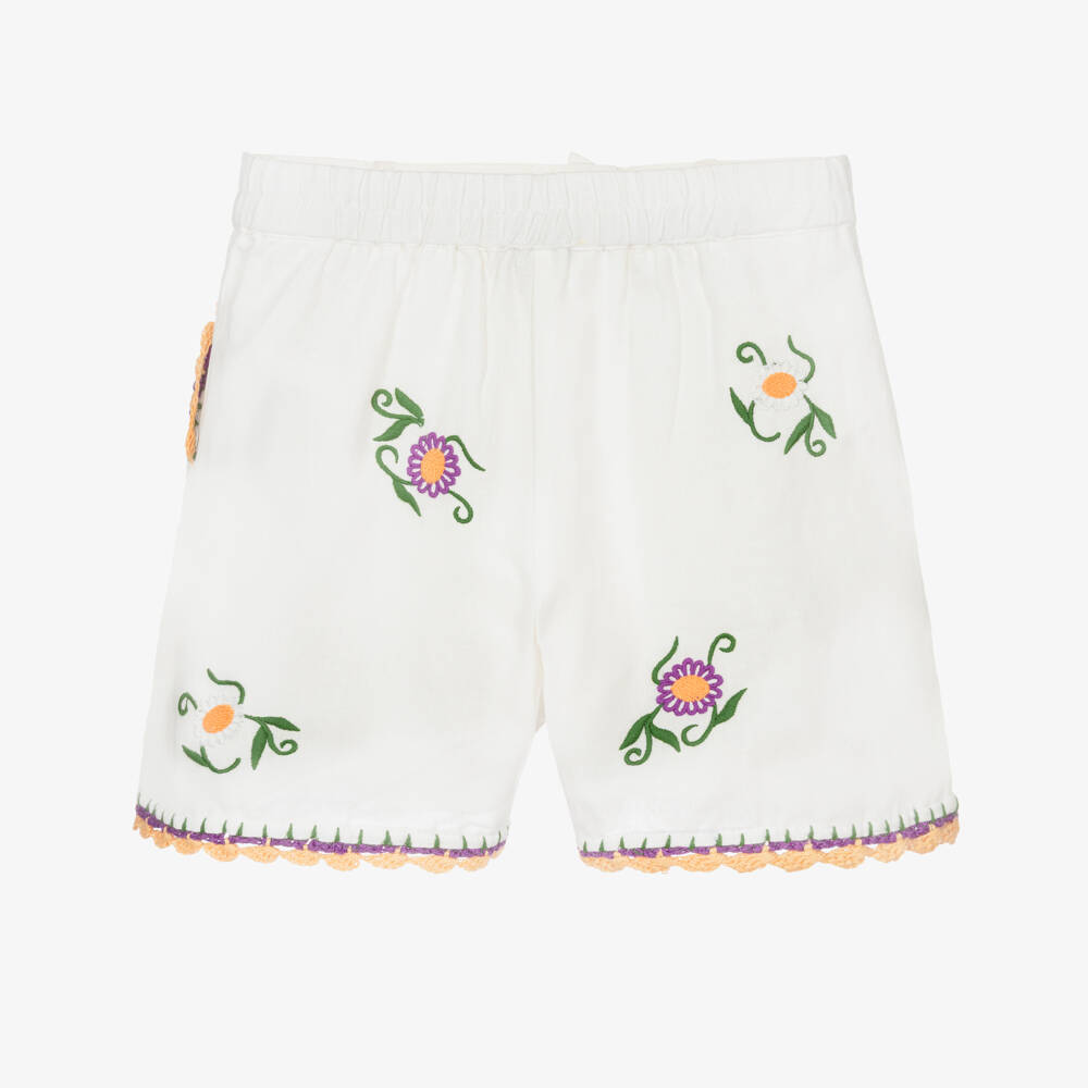 Stella McCartney Kids-Шорты кремовые с узором для девочек из льна | Childrensalon Outlet