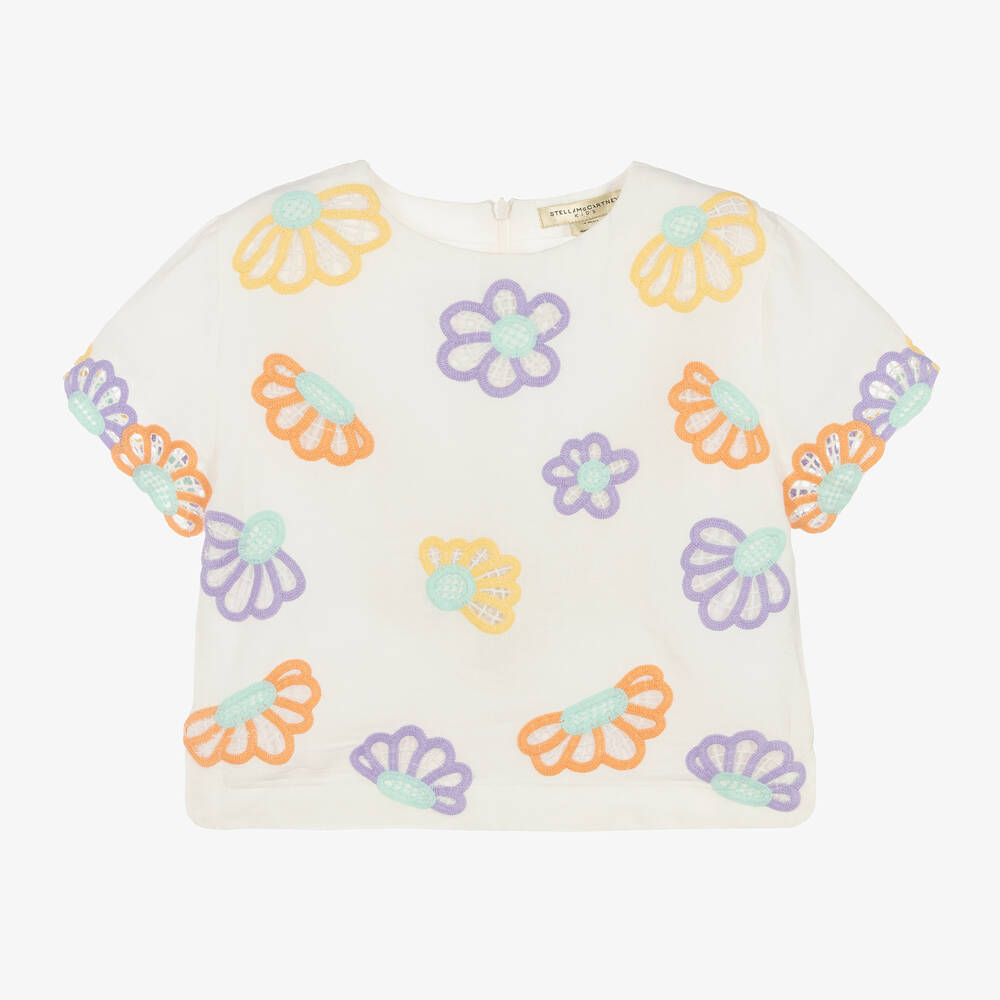 Stella McCartney Kids-بلوزة بطبعة ورود مزيج قطن وكتان لون عاجى للبنات | Childrensalon Outlet