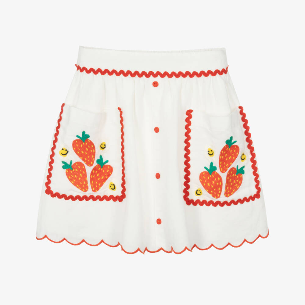 Stella McCartney Kids-Кремовая льняная юбка с клубникой для девочек | Childrensalon Outlet