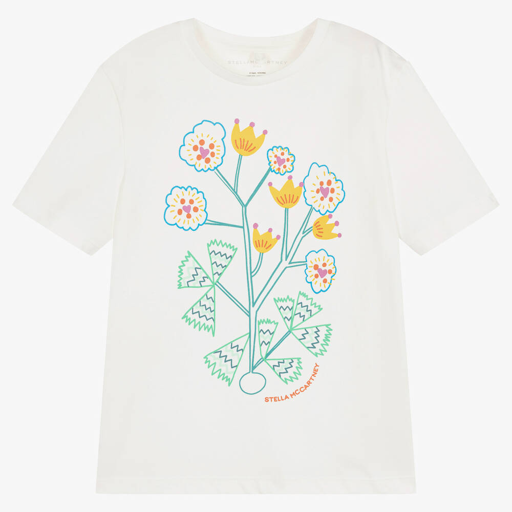 Stella McCartney Kids - Girls Ivory Organic Cotton Flower T-Shirt | Childrensalon