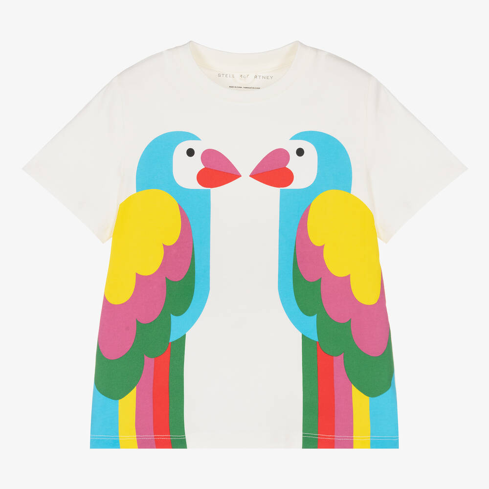 Stella McCartney Kids - Girls Ivory Organic Cotton Parrot T-Shirt | Childrensalon