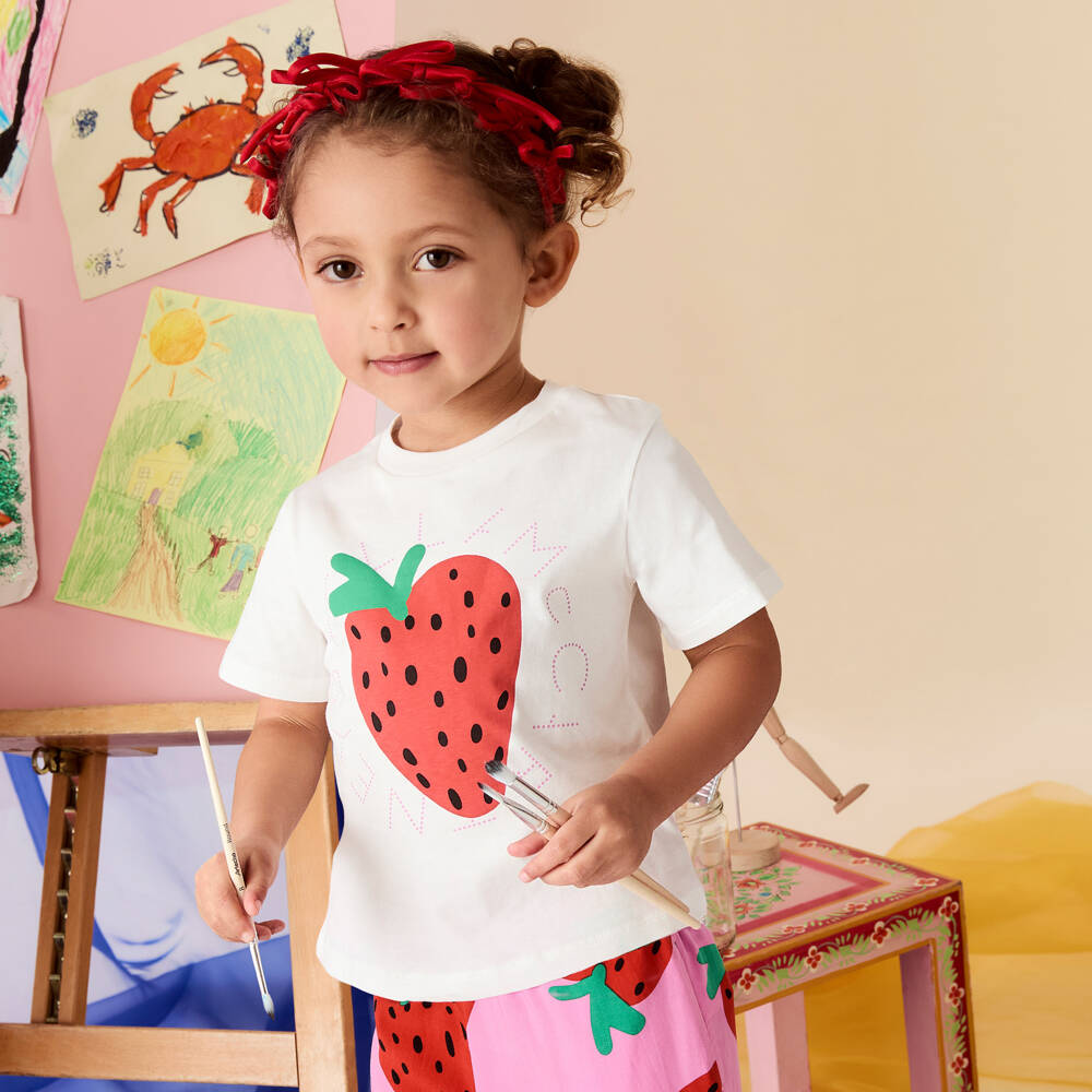 Stella McCartney Kids-تيشيرت عاجي للبنات مزين بالفراولة | Childrensalon Outlet