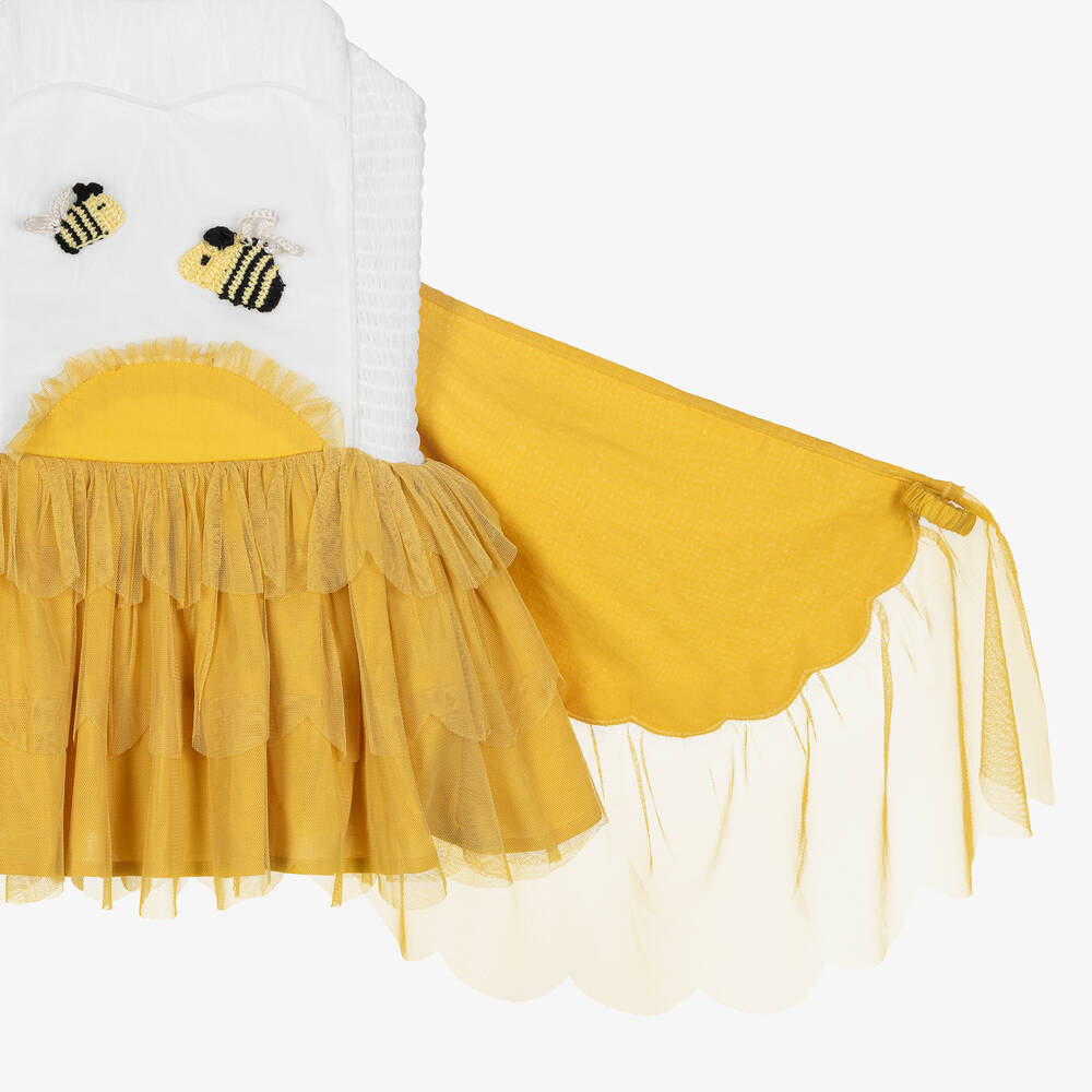 Stella McCartney Kids-Girls Ivory & Yellow Shirred Bee Dress | Childrensalon Outlet