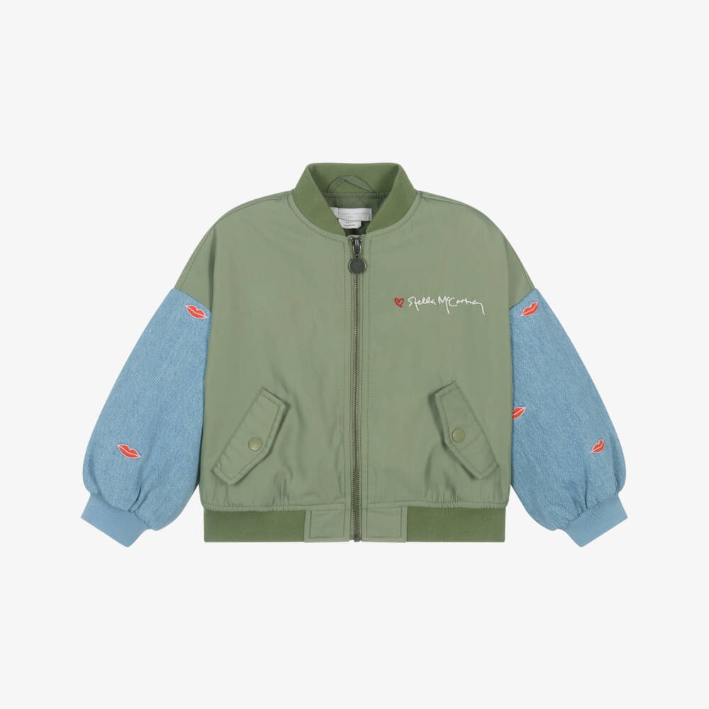 Stella McCartney Kids-Girls Khaki Satin & Blue Denim Bomber Jacket | Childrensalon Outlet