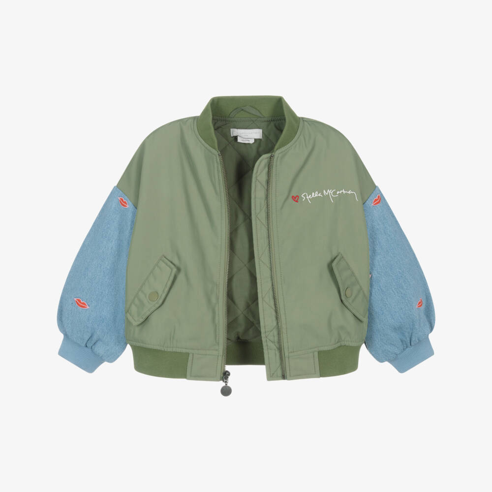 Stella McCartney Kids-Girls Khaki Satin & Blue Denim Bomber Jacket | Childrensalon Outlet