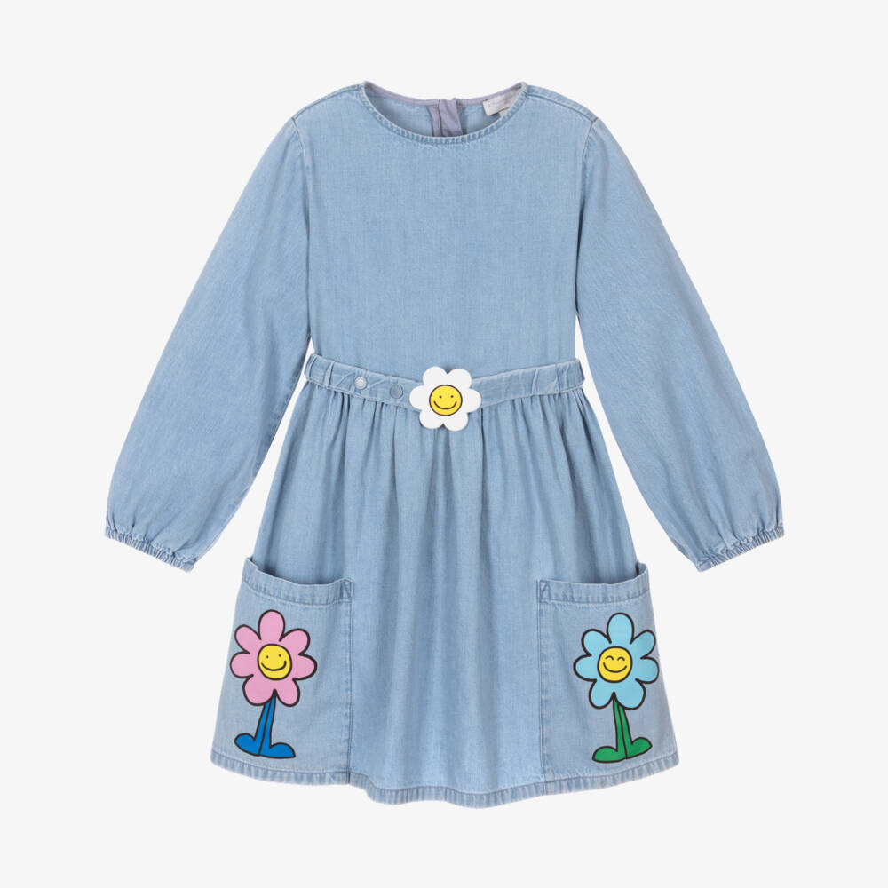 Stella McCartney Kids-Girls Light Blue Denim Dress with Happy Flowers | Childrensalon Outlet