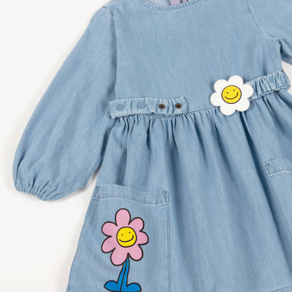 Stella McCartney Kids-Girls Light Blue Denim Dress with Happy Flowers | Childrensalon Outlet