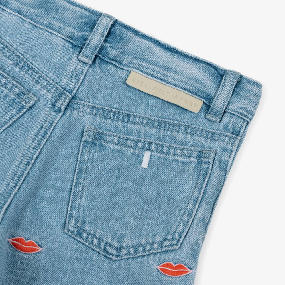 Stella McCartney Kids-Girls Light Blue Denim Jeans with Embroidered Lips | Childrensalon Outlet