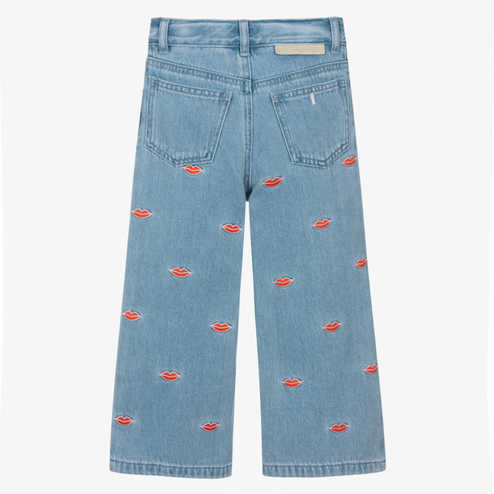 Stella McCartney Kids-Girls Light Blue Denim Jeans with Embroidered Lips | Childrensalon Outlet