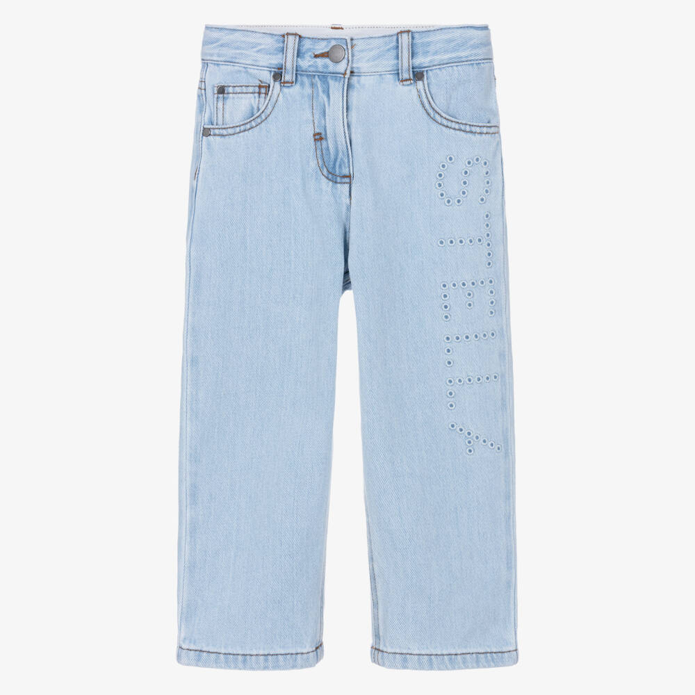 Stella McCartney Kids-Girls Light Blue Denim Jeans with Embroidered Logo | Childrensalon Outlet