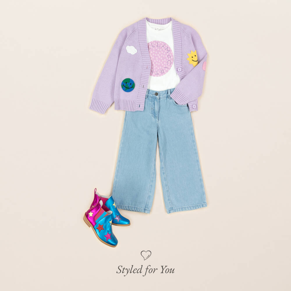 Stella McCartney Kids-Girls Light Blue Wide Leg Denim Jeans With Flower Prints | Childrensalon Outlet
