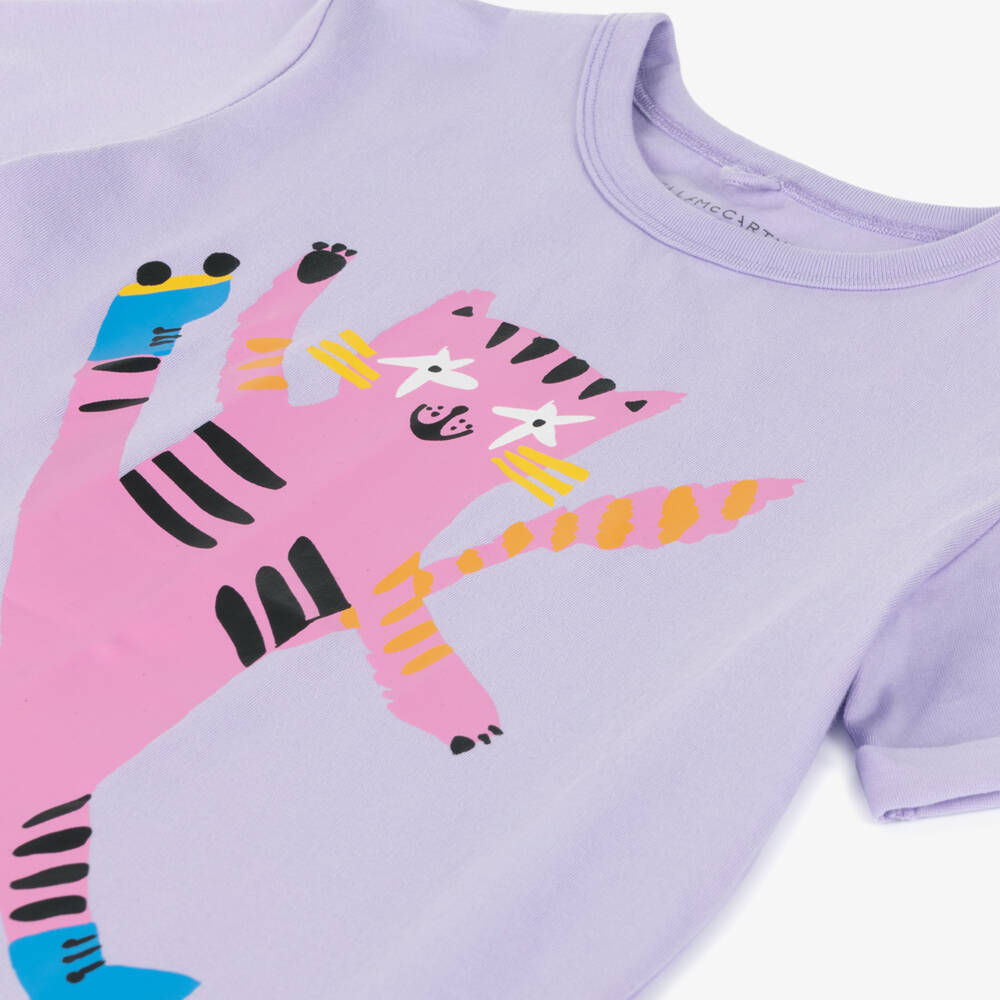 Stella McCartney Kids-Girls Lilac Cat-Print Cotton Tee | Childrensalon Outlet