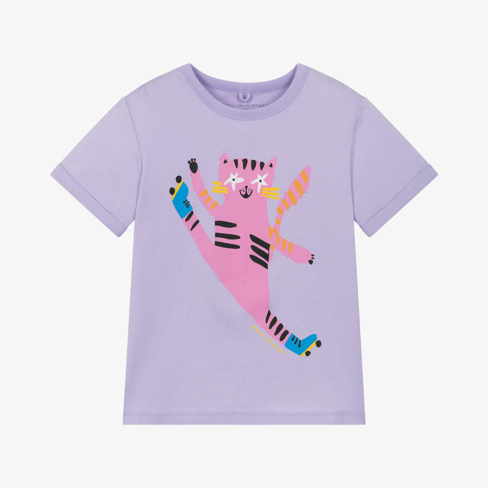Stella McCartney Kids-Футболка из хлопка с принтом кошки для девочек в сиреневом цвете | Childrensalon Outlet