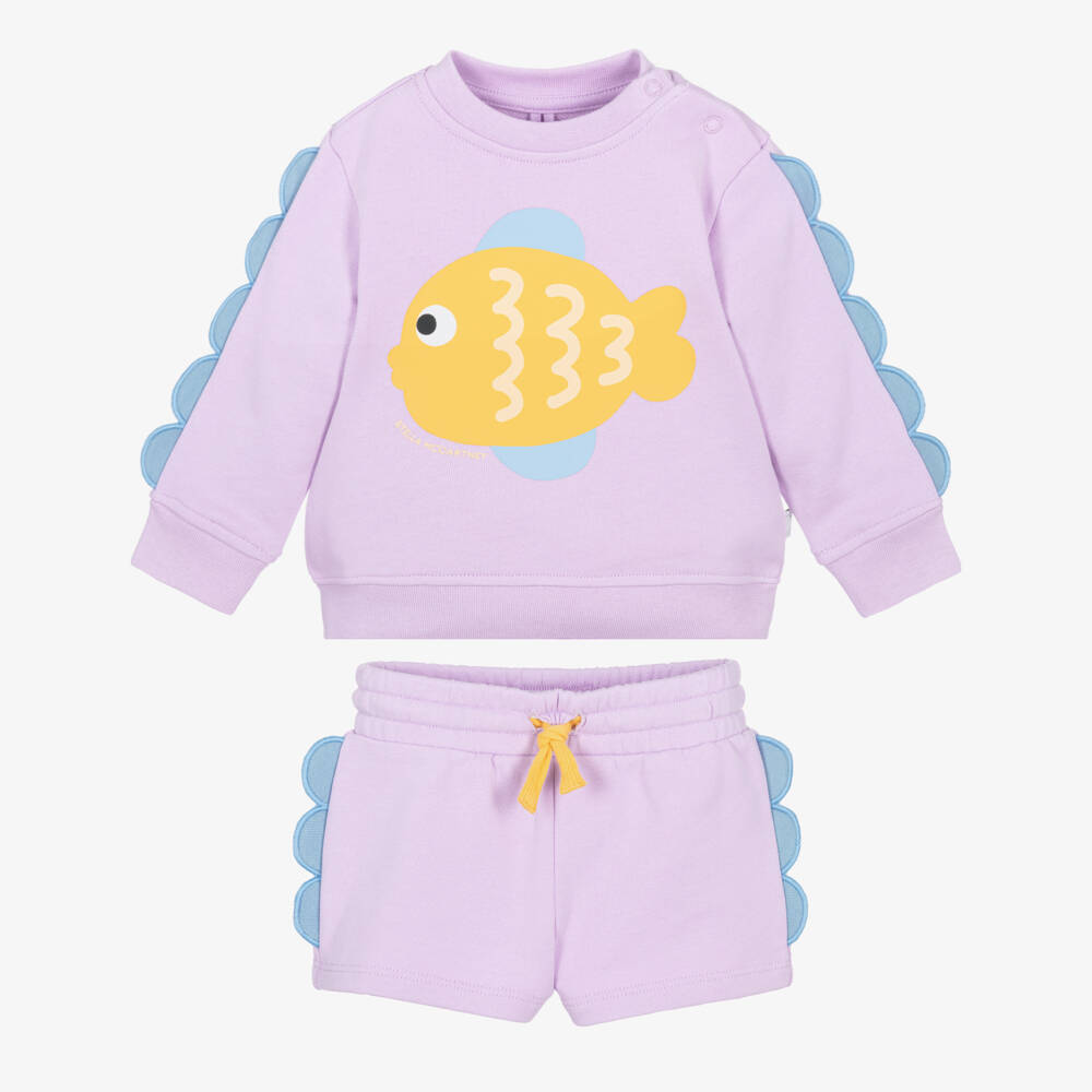 Stella McCartney Kids-Girls Lilac Cotton Shorts Set with Fish Print | Childrensalon Outlet
