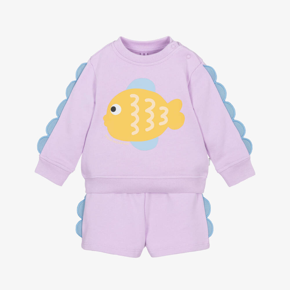 Stella McCartney Kids-Girls Lilac Cotton Shorts Set with Fish Print | Childrensalon Outlet