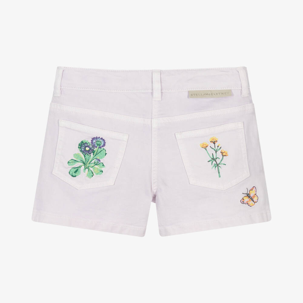 Stella McCartney Kids-Джинсовые шорты с цветочным узором для девочек в сиреневом цвете | Childrensalon Outlet
