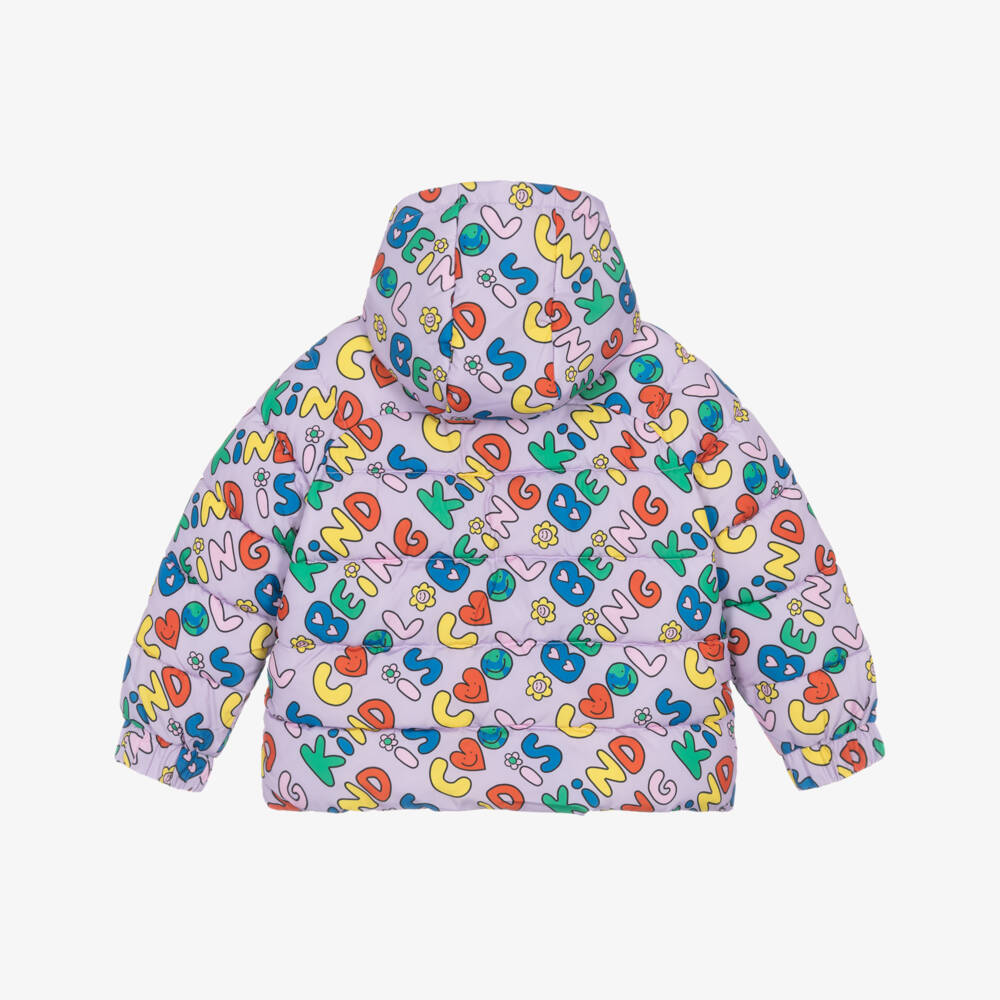 Stella McCartney Kids-Girls Lilac Hooded Puffer Jacket with Kind Is Cool Print | Childrensalon Outlet