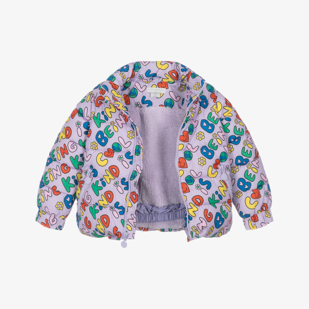 Stella McCartney Kids-Girls Lilac Hooded Puffer Jacket with Kind Is Cool Print | Childrensalon Outlet