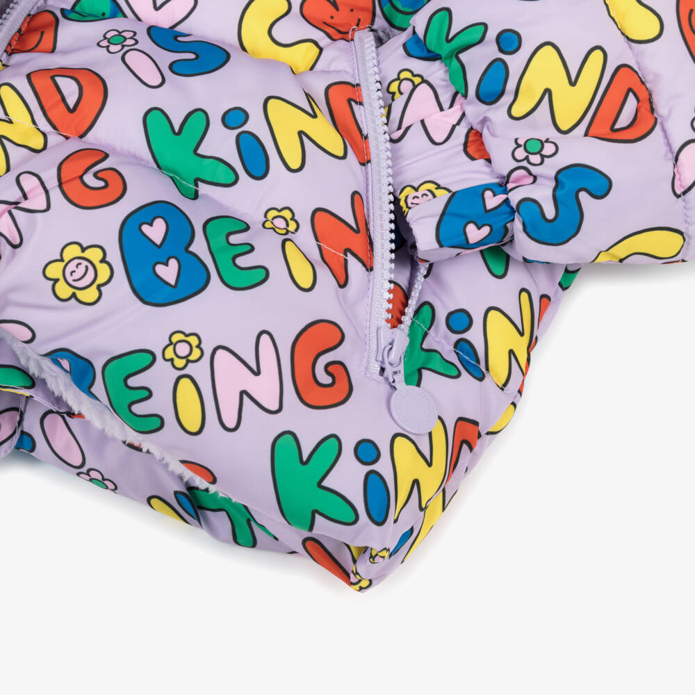 Stella McCartney Kids-Girls Lilac Hooded Puffer Jacket with Kind Is Cool Print | Childrensalon Outlet