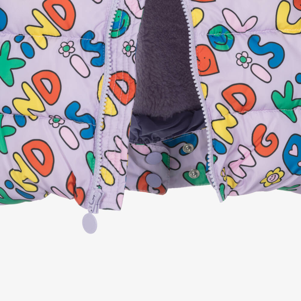 Stella McCartney Kids-Girls Lilac Hooded Puffer Jacket with Kind Is Cool Print | Childrensalon Outlet