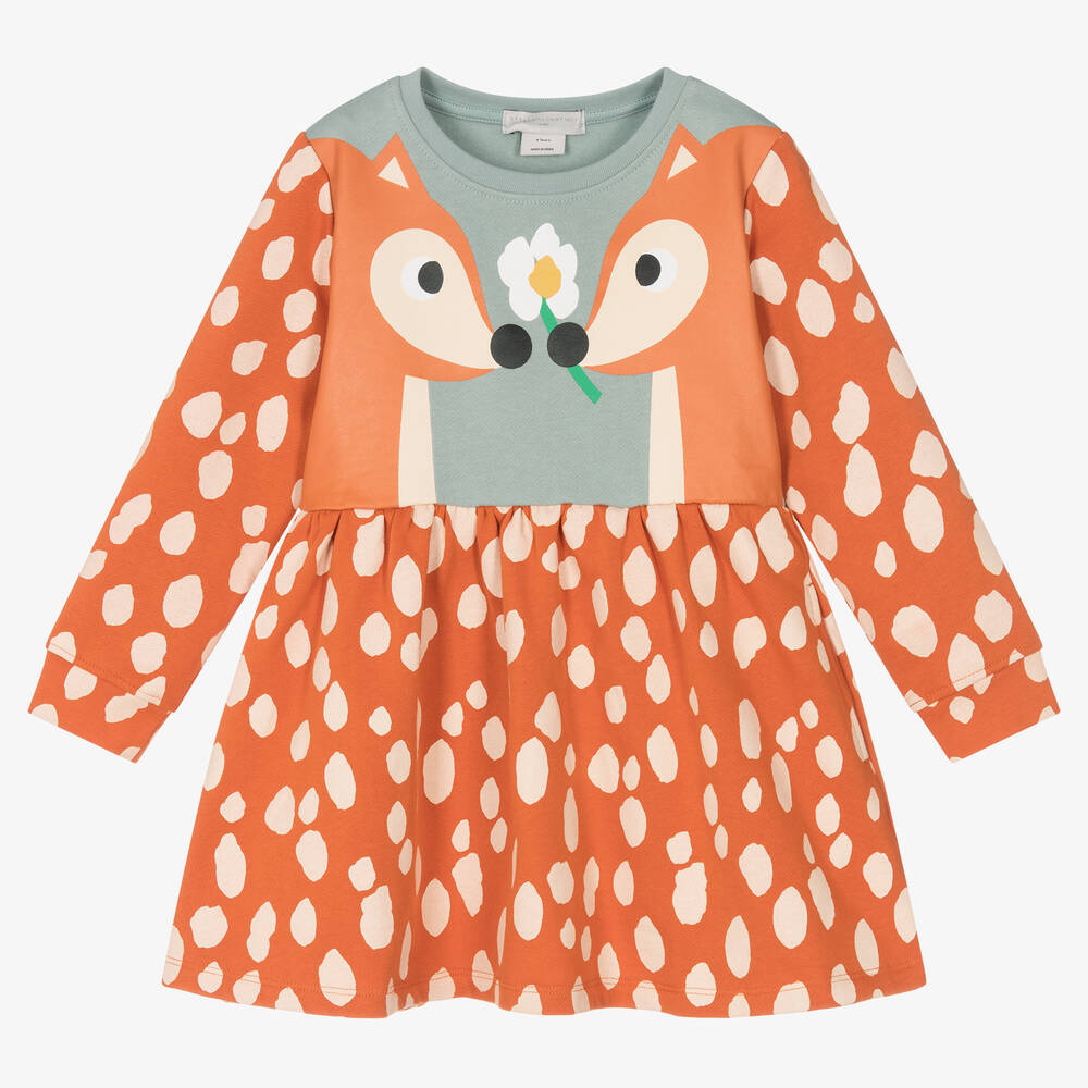 Stella McCartney Kids - Оранжевое хлопковое платье с оленятами | Childrensalon