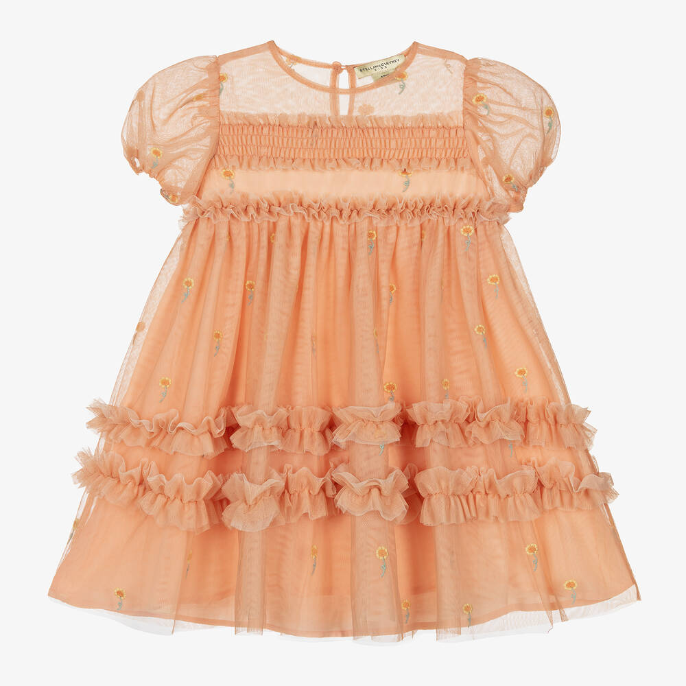 Stella McCartney Kids-Girls Orange Embroidered Tulle Dress | Childrensalon Outlet
