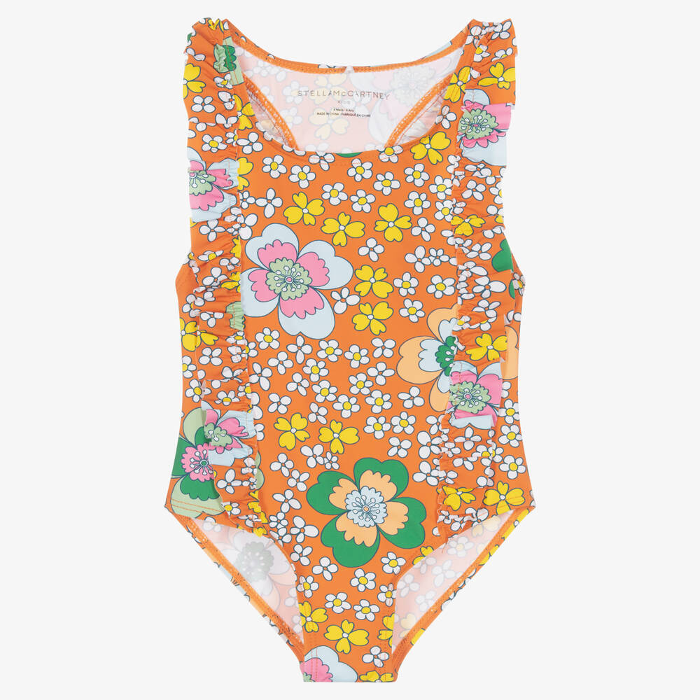 Stella McCartney Kids - Оранжевый купальник в цветочек (UPF50+) | Childrensalon