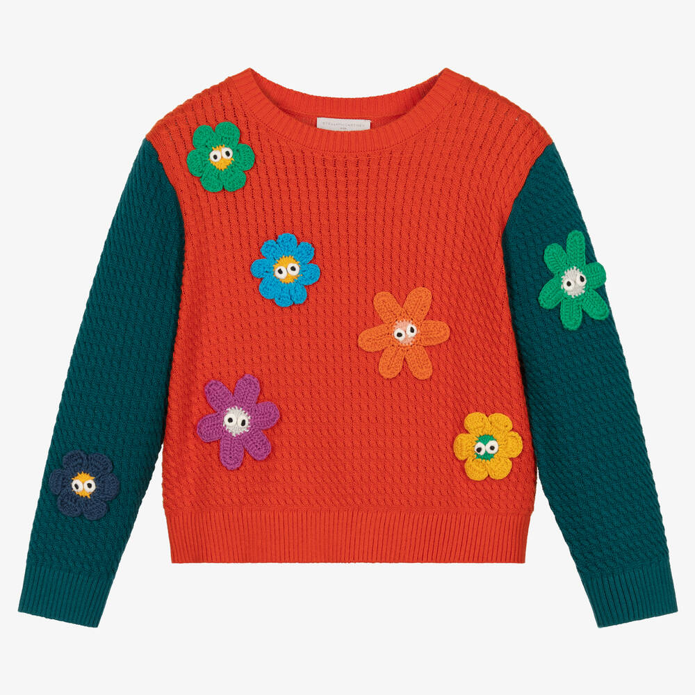Stella McCartney Kids - Girls Orange Flowers Knit Sweater | Childrensalon