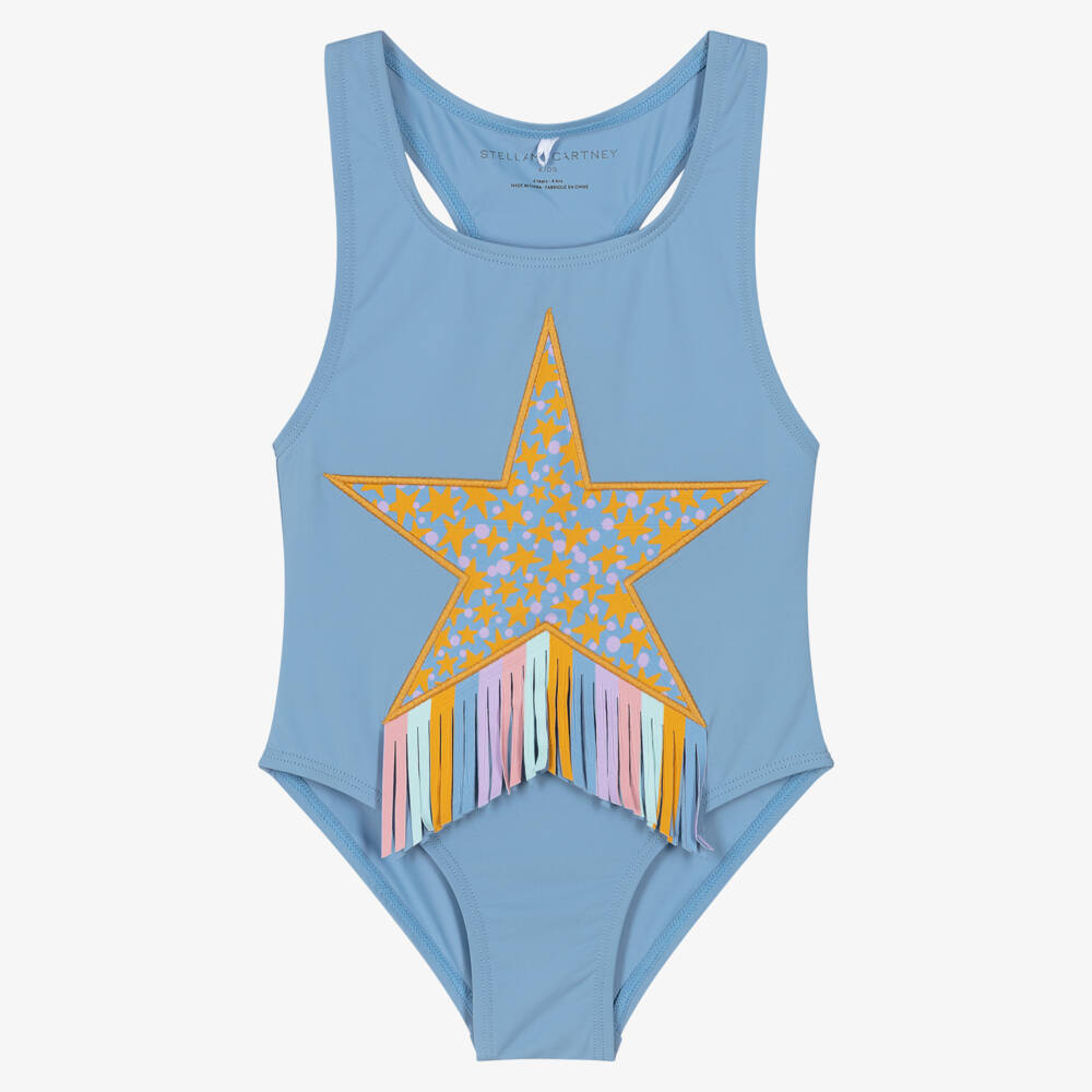 Stella McCartney Kids-Girls Pale Blue Star Swimsuit with Fringing | Childrensalon Outlet