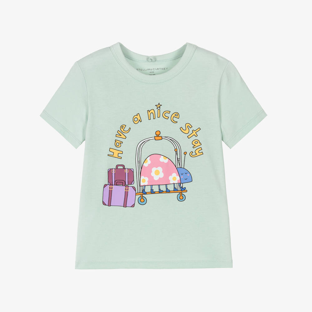 Stella McCartney Kids-Girls Pale Green Cotton Ladybird & Luggage T-Shirt | Childrensalon Outlet