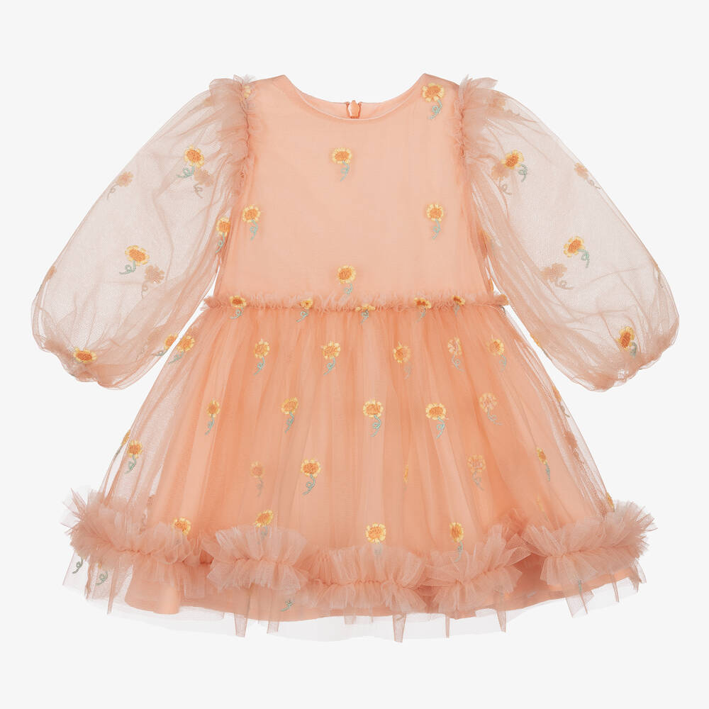 Stella McCartney Kids-Girls Pale Orange Floral Tulle Dress | Childrensalon Outlet