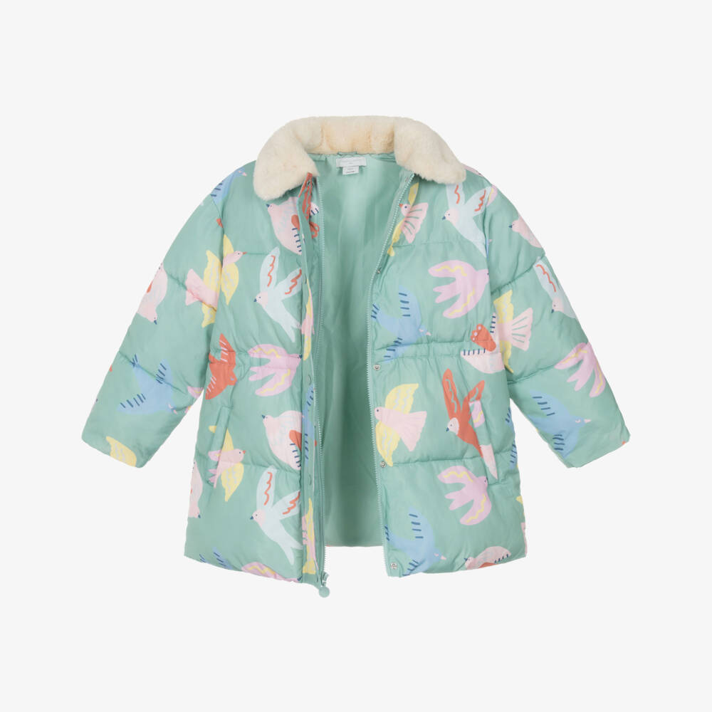 Stella McCartney Kids-Girls Pastel Green Bird Print Puffer Coat | Childrensalon Outlet