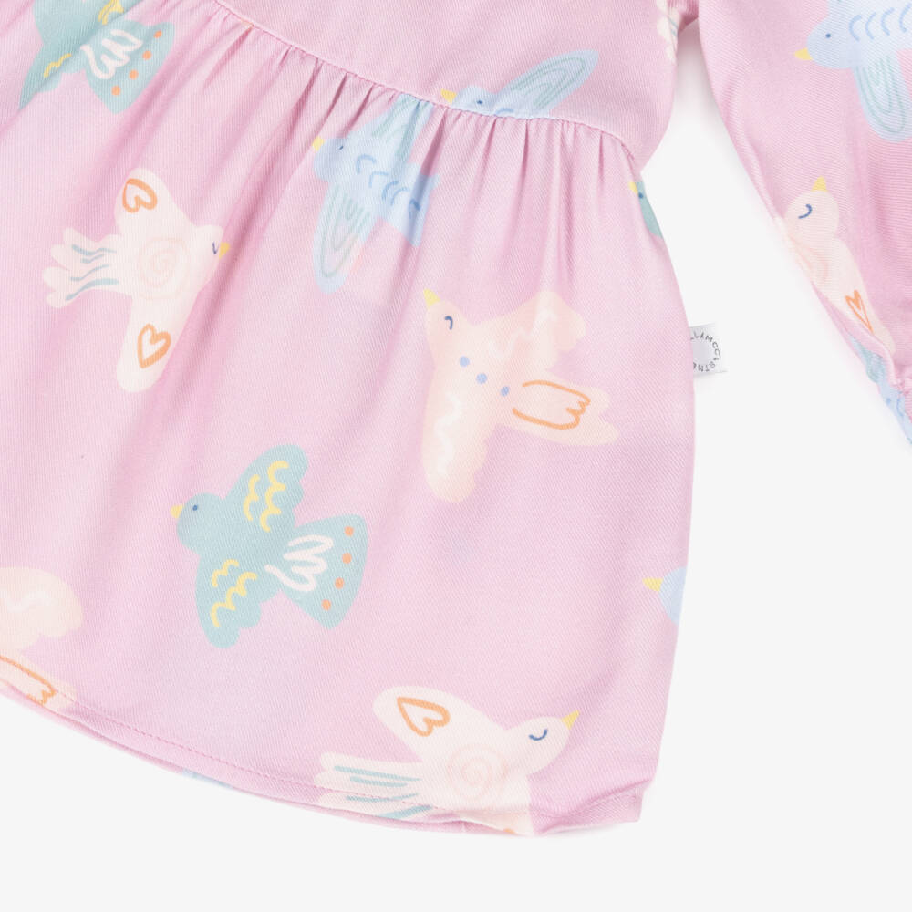 Stella McCartney Kids-Girls Pastel Pink Bird Print Long Sleeve Dress | Childrensalon Outlet