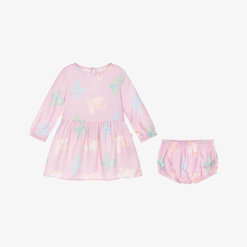 Stella McCartney Kids-Girls Pastel Pink Bird Print Long Sleeve Dress | Childrensalon Outlet