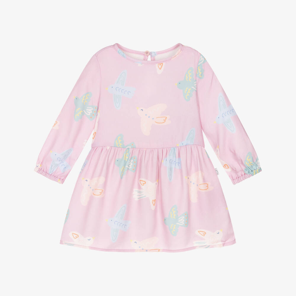Stella McCartney Kids-Girls Pastel Pink Bird Print Long Sleeve Dress | Childrensalon Outlet