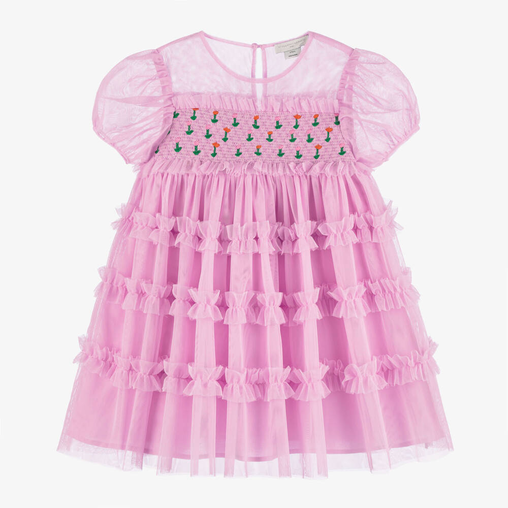 Stella McCartney Kids-فستان تول بتطريز سموك لون زهري | Childrensalon Outlet