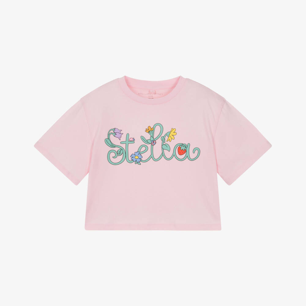 Stella McCartney Kids-Girls Pink Cotton Boxy T-Shirt with Vine Motif | Childrensalon Outlet