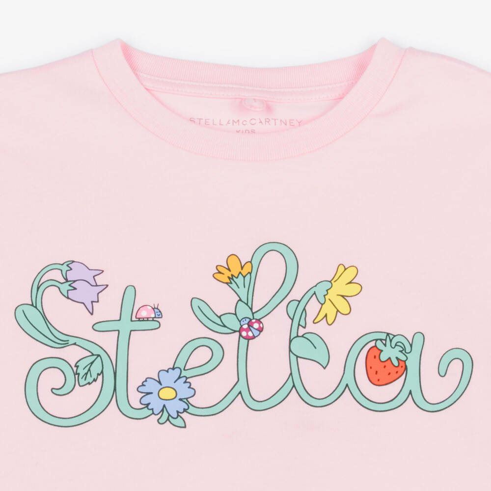 Stella McCartney Kids-Girls Pink Cotton Boxy T-Shirt with Vine Motif | Childrensalon Outlet