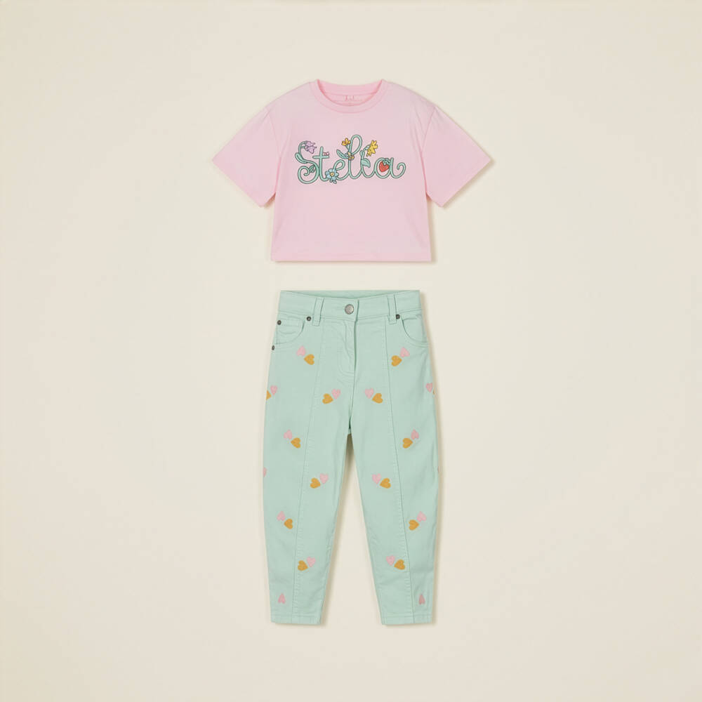 Stella McCartney Kids-Girls Pink Cotton Boxy T-Shirt with Vine Motif | Childrensalon Outlet