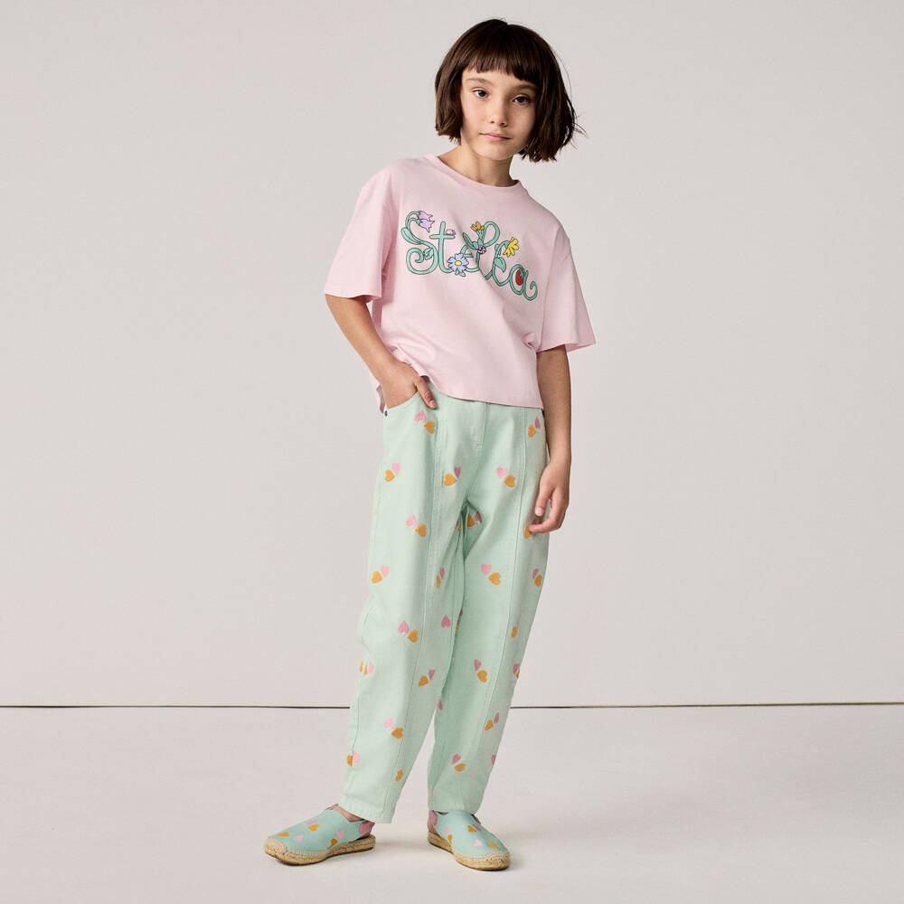 Stella McCartney Kids-Girls Pink Cotton Boxy T-Shirt with Vine Motif | Childrensalon Outlet