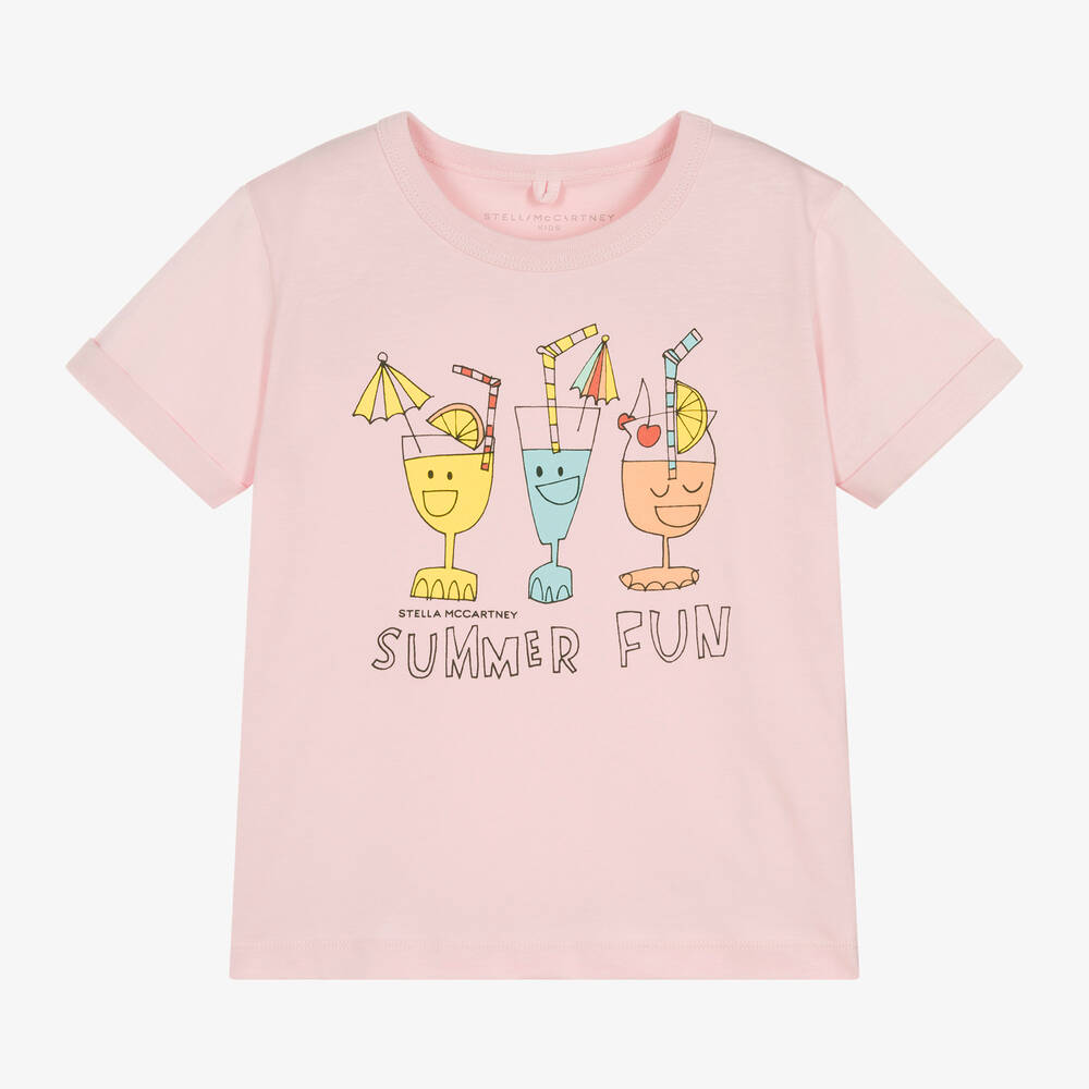 Stella McCartney Kids-Girls Pink Cotton Cocktail Print T-Shirt | Childrensalon Outlet