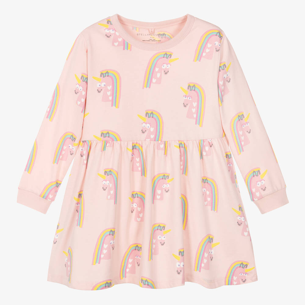 Stella McCartney Kids - Girls Pink Cotton Rainbow Unicorn Dress | Childrensalon