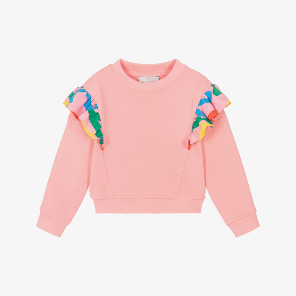Stella McCartney Kids-Girls Pink Cotton Sweatshirt with Colourful Ruffles | Childrensalon Outlet