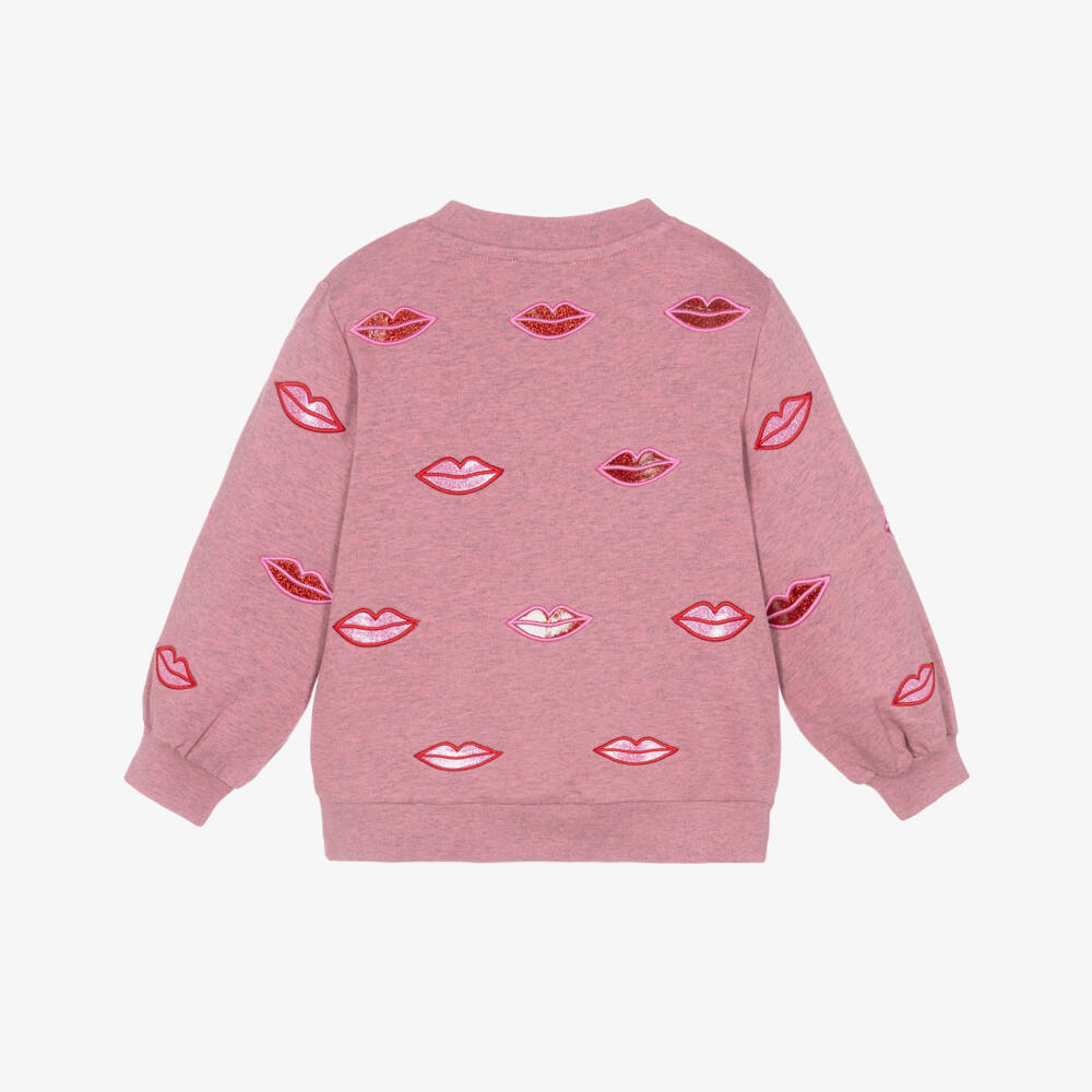 Stella McCartney Kids-Girls Pink Cotton Sweatshirt with Glittery Lip Appliqués | Childrensalon Outlet