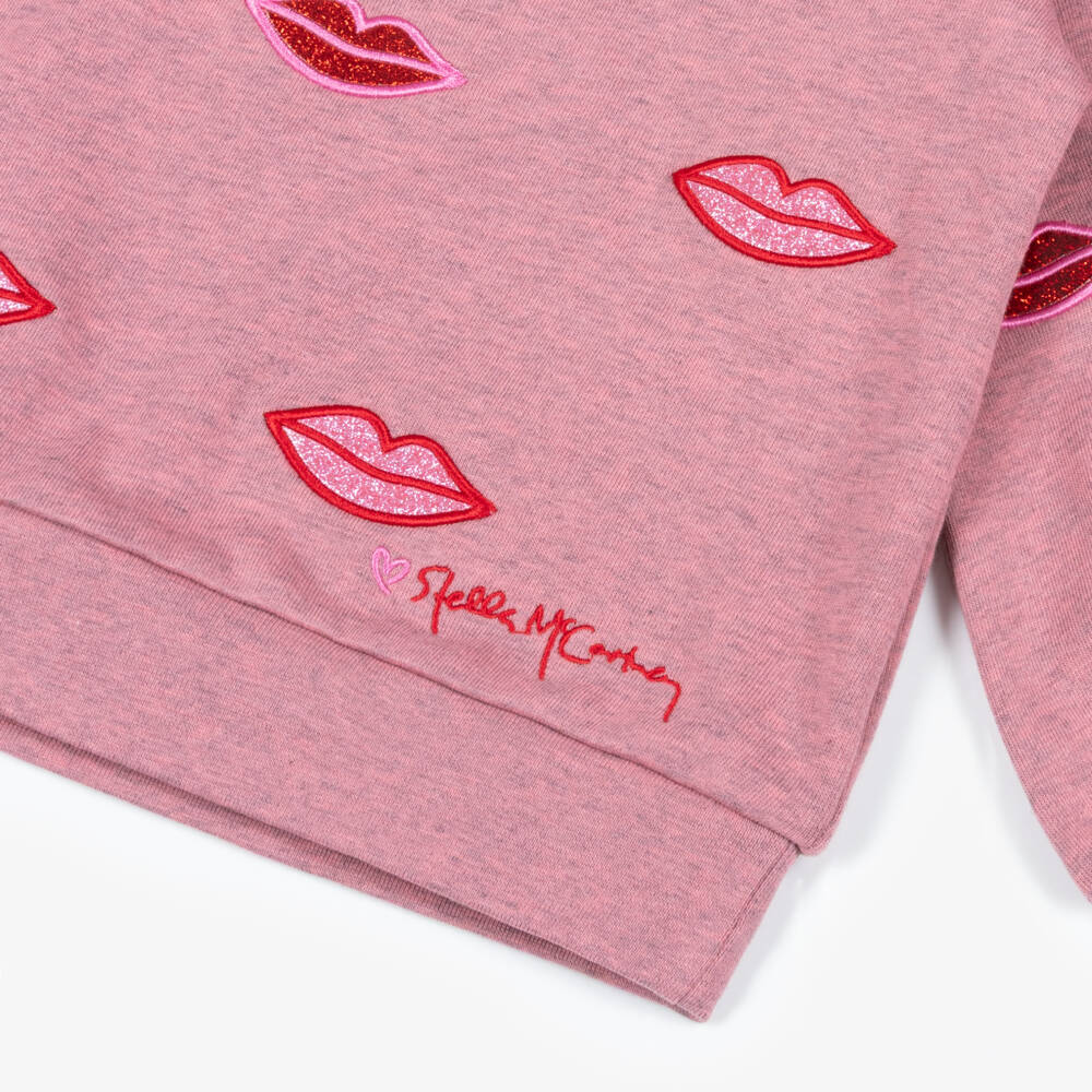 Stella McCartney Kids-Girls Pink Cotton Sweatshirt with Glittery Lip Appliqués | Childrensalon Outlet