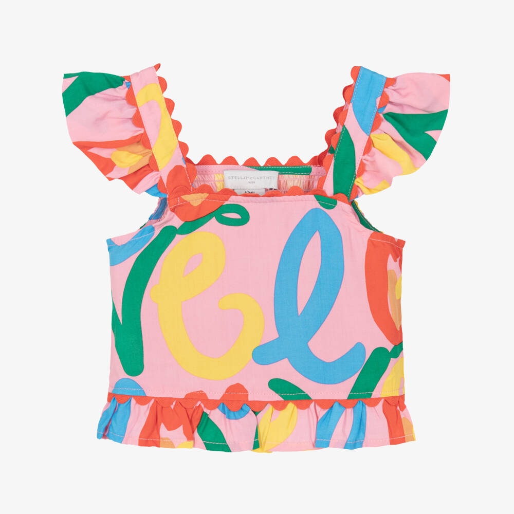 Stella McCartney Kids-Girls Pink Cotton Top with Tulip Love Print | Childrensalon Outlet