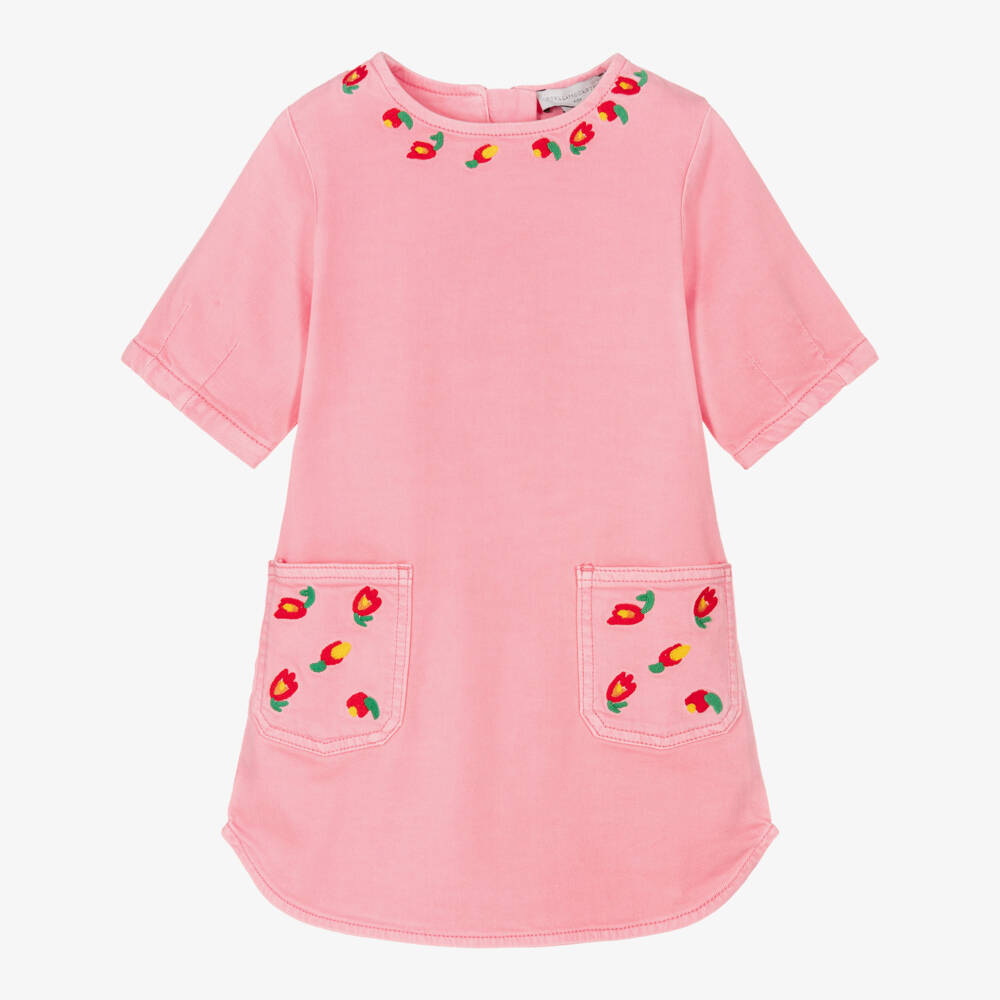 Stella McCartney Kids-Girls Pink Denim Dress with Flower Embroidery | Childrensalon Outlet