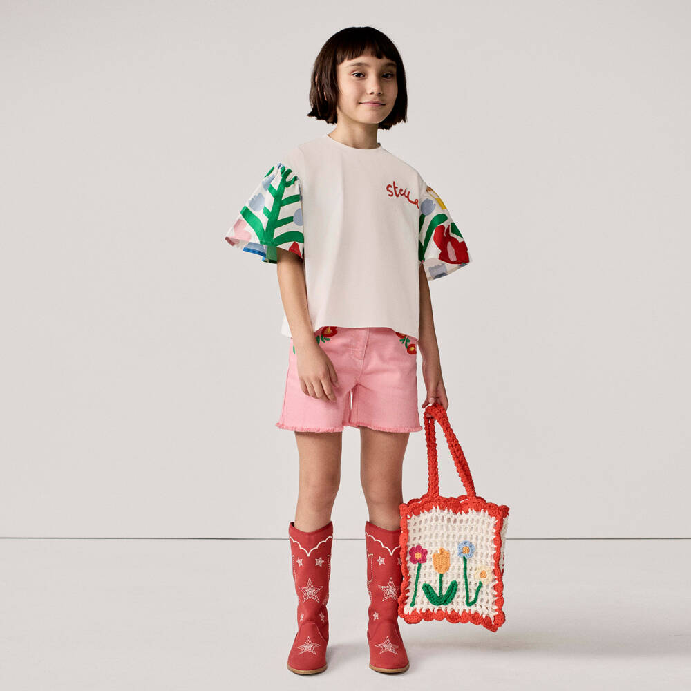 Stella McCartney Kids-Джинсовые шорты с цветами розовые для девочек | Childrensalon Outlet